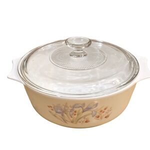 Corning Ware Blue Iris Casserole Dish with Glass Lid Round White 2 Qt Vintage
